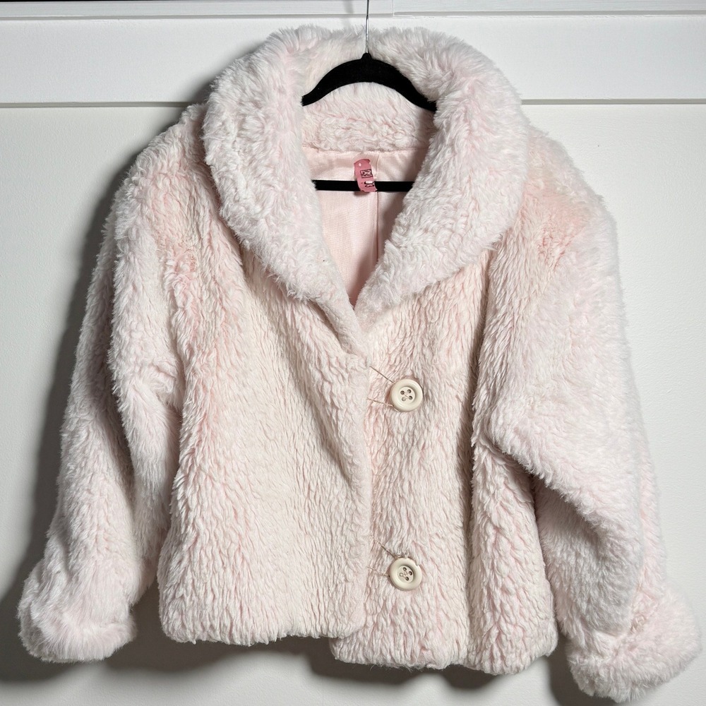 Vintage Faux Shearling Coat Women Small Pink Cropped Shawl Collar Plush Jacket